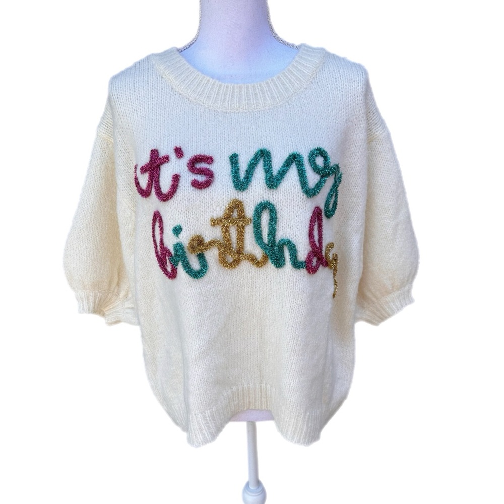 NWT BiBi Birthday Sparkle Sweater: Short Sleeve Metallic Sequin Yarn Sweater